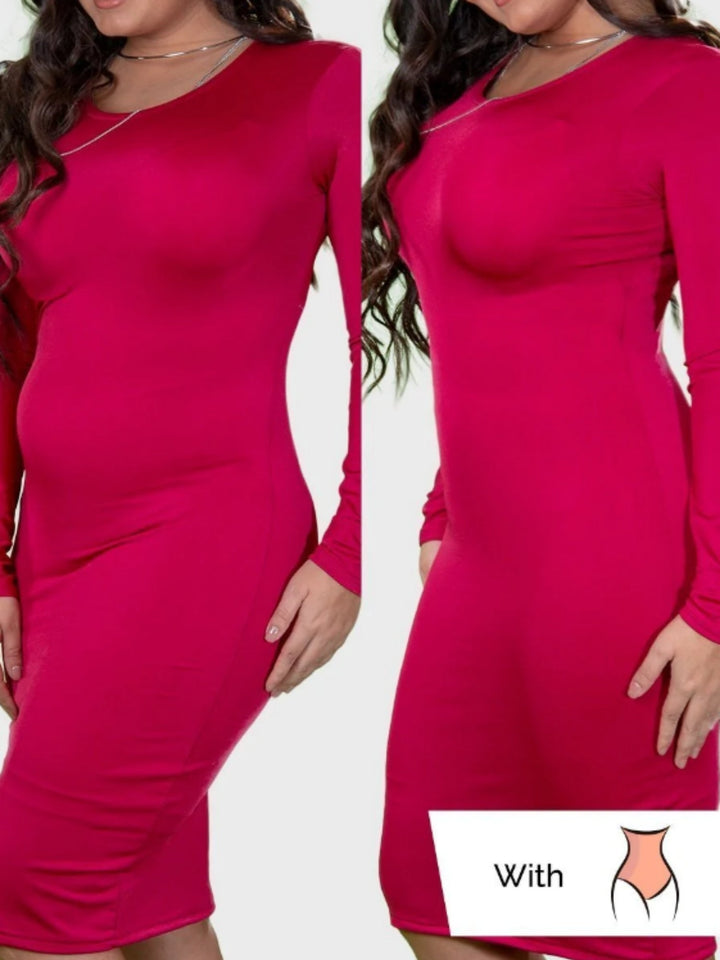 Frau in rotem Kleid mit Shapewear, Vorher-Nachher-Vergleich, figurformende Unterwäsche.