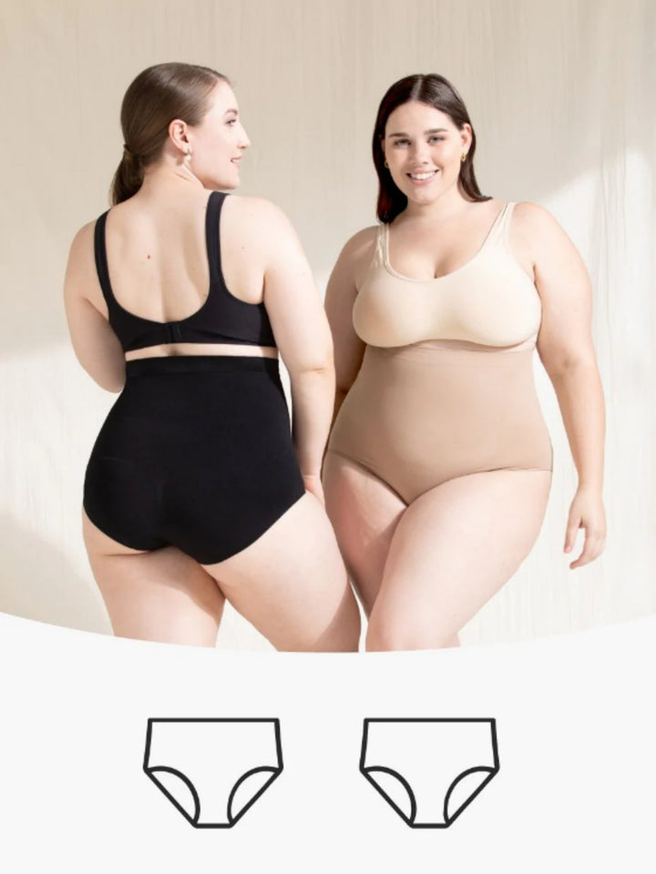Zwei Frauen in Shapewear-Panties, schwarz und beige, nahtlos, figurformend, Plus-Size-Mode.