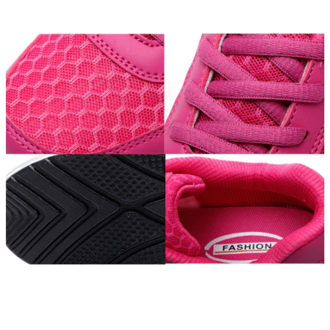 Pinkfarbene Sportschuhe mit gepolsterter Sohle, atmungsaktivem Mesh und rutschfester Gummisohle.