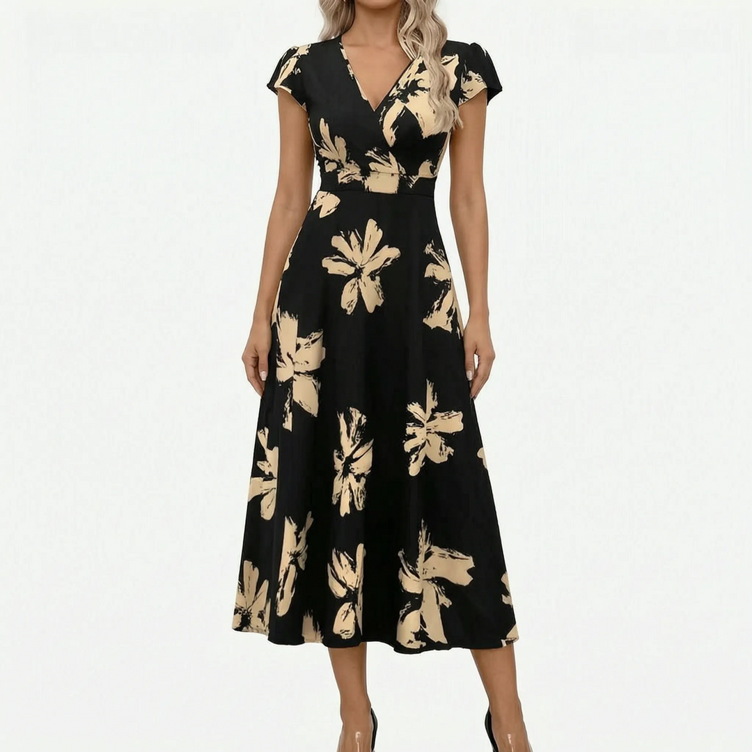 Short Sleeve V-Neck Midi Dress - Janet
