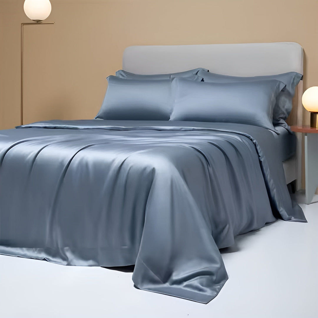 Blaue Seidenbettwäsche-Set aus Bambus, ultra atmungsaktiv, luxuriöses Design, Doppelbett.
