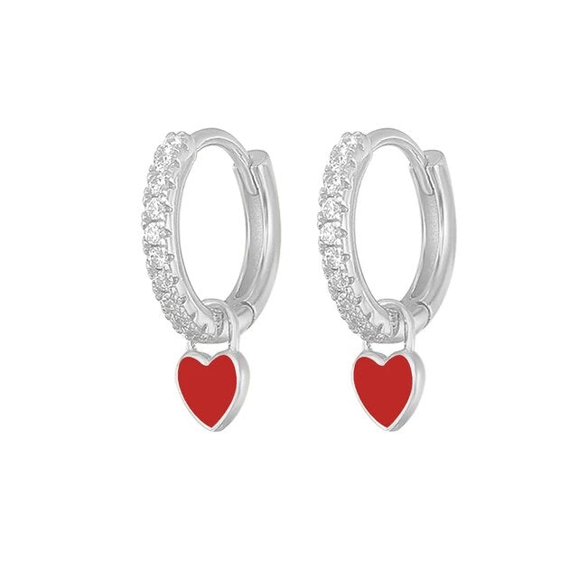 Silberne Creolen mit roten Herzanhängern, Zirkonia, Damen Ohrringe, modischer Schmuck