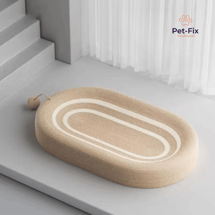 Sisal Kratzbett für Katzen, oval, beige, langlebig, ideal zum Kratzen und Schlafen.