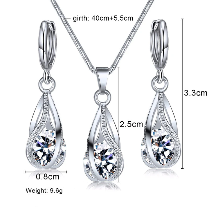 Silberne Halskette und Ohrringe Set mit Zirkonia, elegantes Schmuckdesign, Maße angegeben.