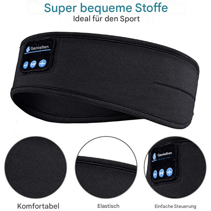 Schwarzes Sport-Stirnband mit Bluetooth, elastisch, komfortabel, ideal für Fitness.