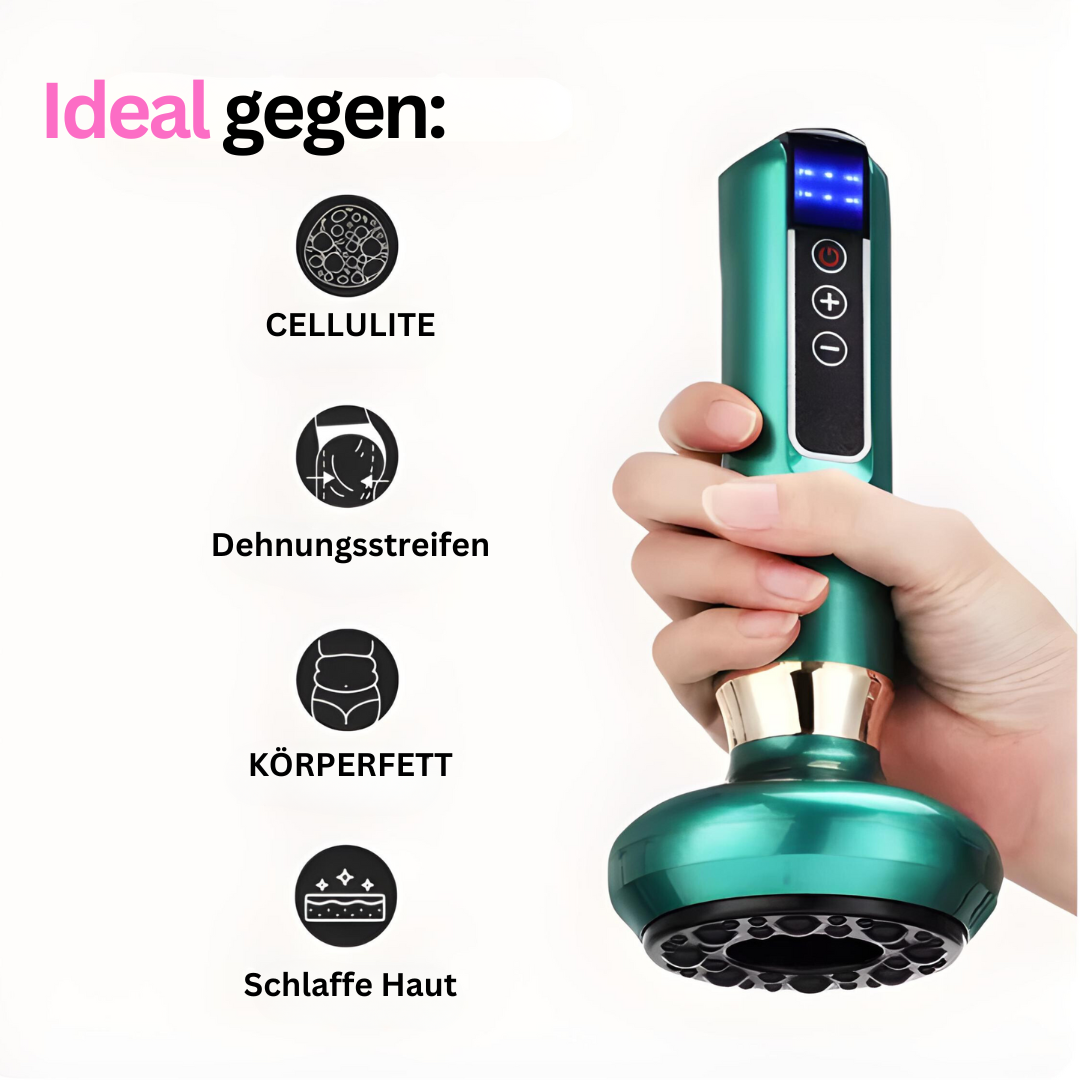 Hand hält grünes Anti-Cellulite-Massagegerät, ideal gegen Dehnungsstreifen und Körperfett.