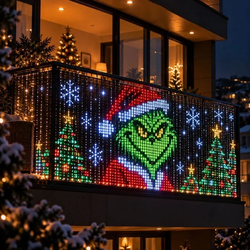 Světelná záclona na zábradlí balkonu zobrazuje zelenou postavu v červené čepici mezi stromky a vločkami 9
