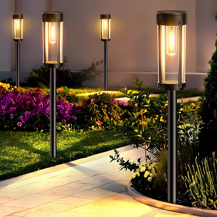 Solarlampe Gartenleuchte, schwarz, LED, energiesparend, Außenbeleuchtung, modern, wetterfest.
