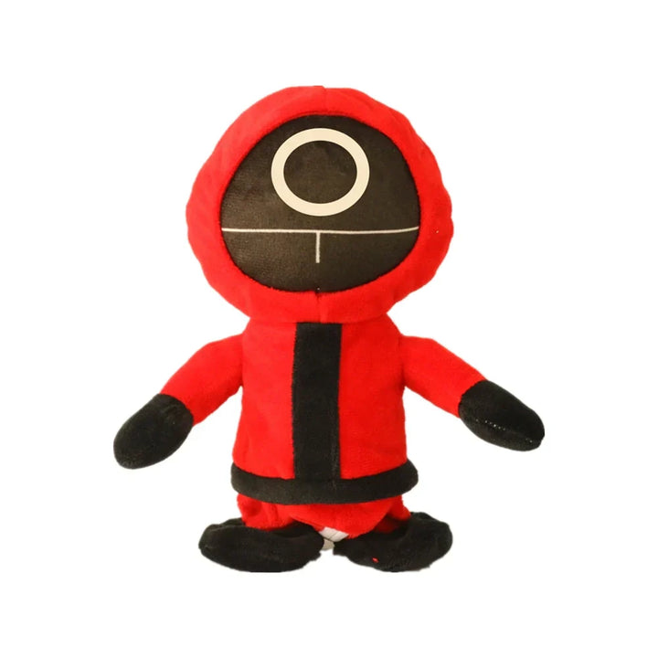 Rotes Plüschspielzeug mit schwarzem Gesicht, inspiriert von einer bekannten Serie.