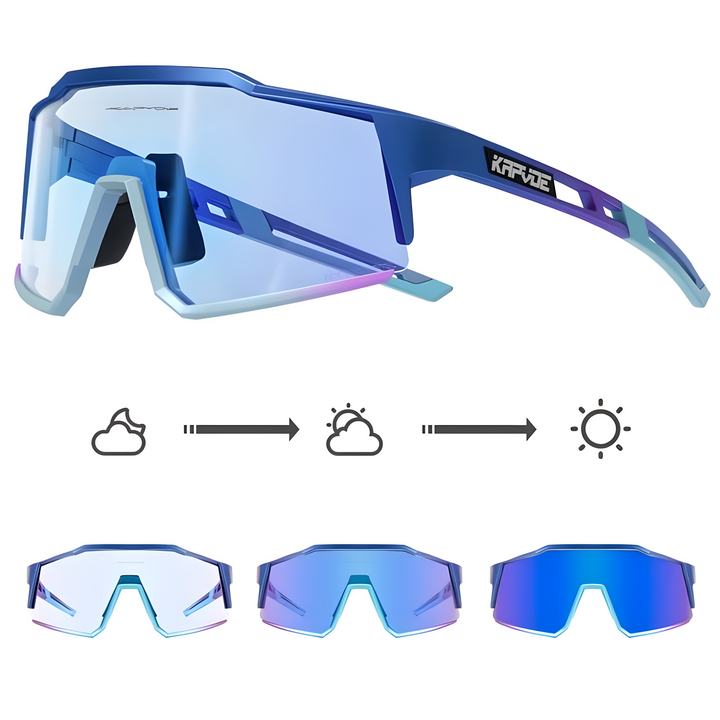 Blaue Sport-Sonnenbrille mit verspiegelten Gläsern, ideal für Outdoor-Aktivitäten.