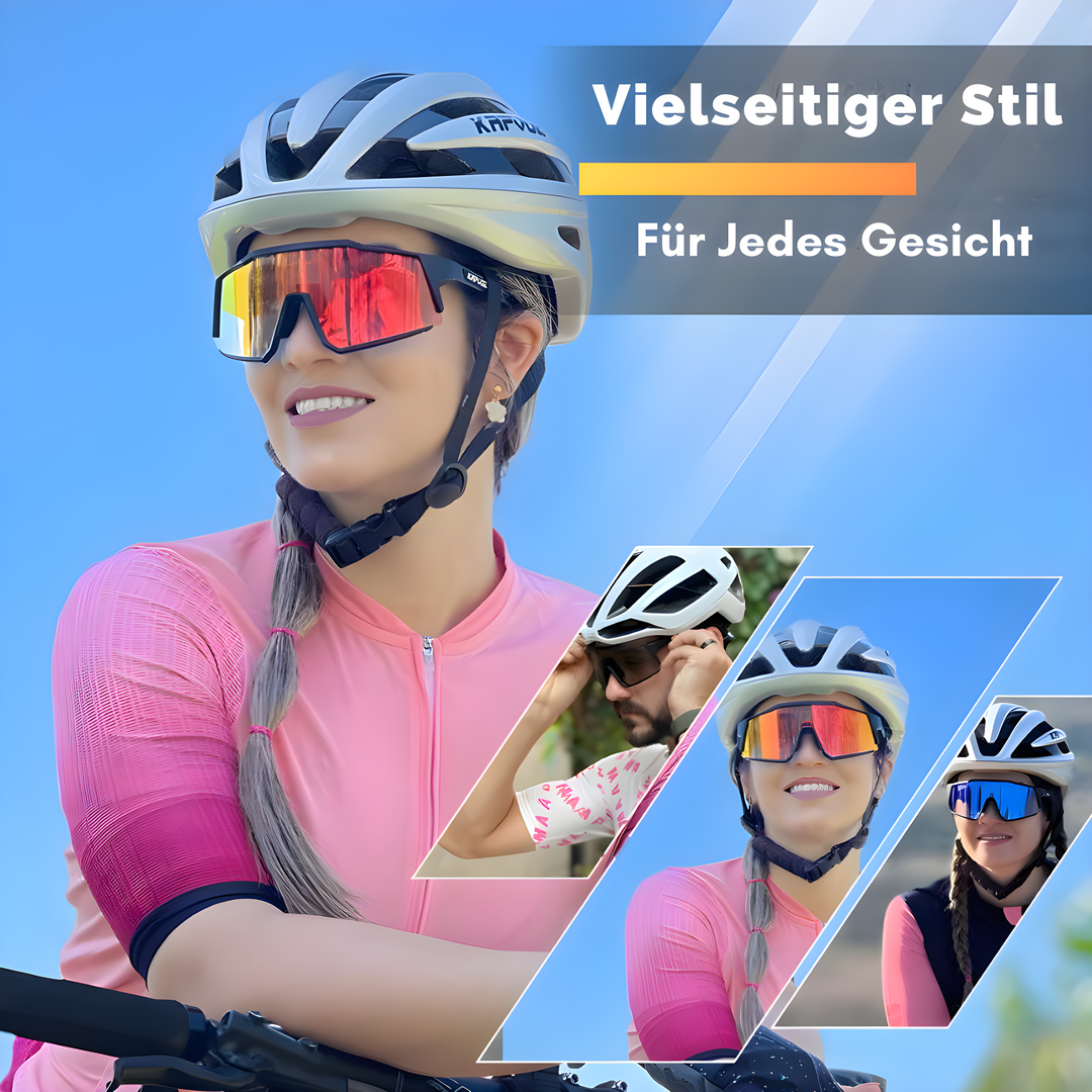 Fahrrad-Sonnenbrille mit verspiegelten Gläsern, sportlich, unisex, vielseitig einsetzbar.