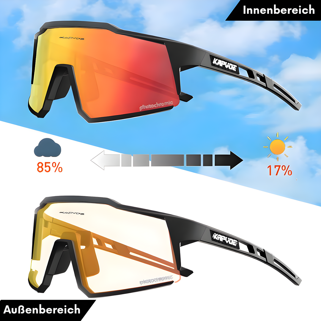Schwarze Sonnenbrille mit photochromatischen Gläsern, orange-gelb, für Innen- und Außenbereich.
