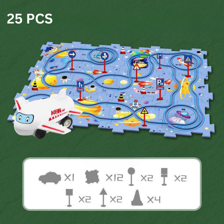 Kinder-Spielmatte mit Weltraumdesign, 25-teilig, blau, inklusive Spielzeugflugzeug und Schilder.