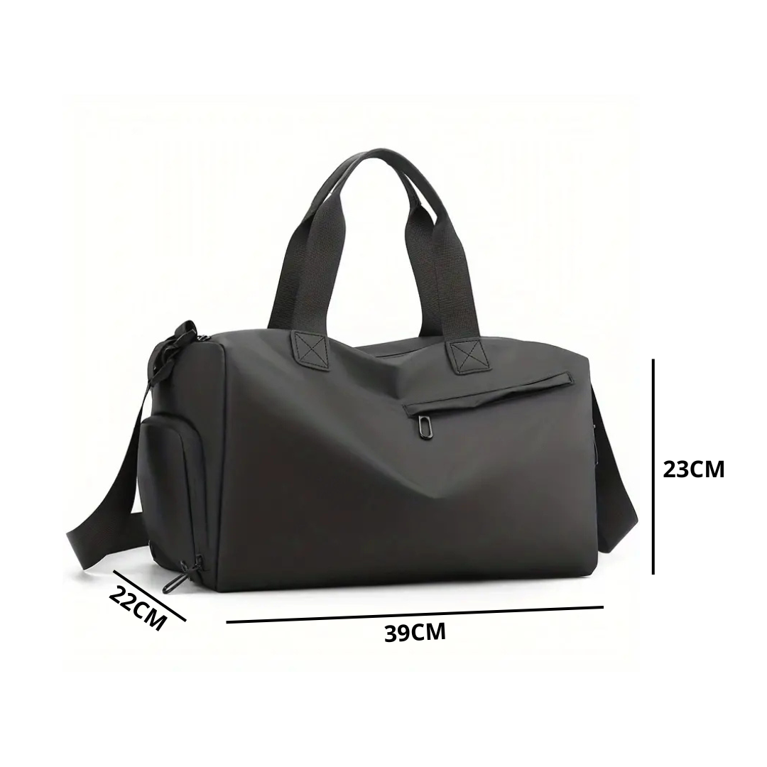 Schwarze wasserdichte Sporttasche mit Schuhfach, 39x22x23 cm, robustes Material.