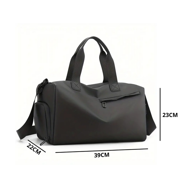 Schwarze wasserdichte Sporttasche mit Schuhfach, 39x22x23 cm, robustes Material.