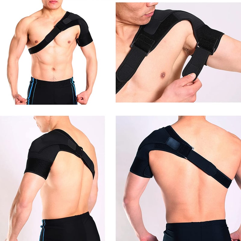 Schulterbandage schwarz, verstellbar, für Stabilität und Unterstützung bei Verletzungen.