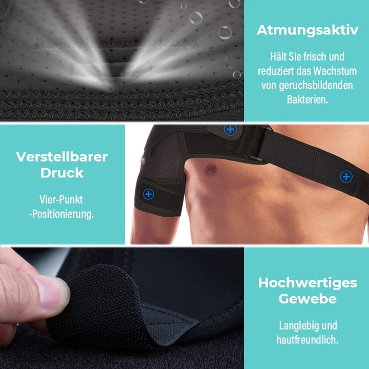 Atmungsaktive Schulterbandage, verstellbarer Druck, hochwertiges Gewebe, langlebig, hautfreundlich.