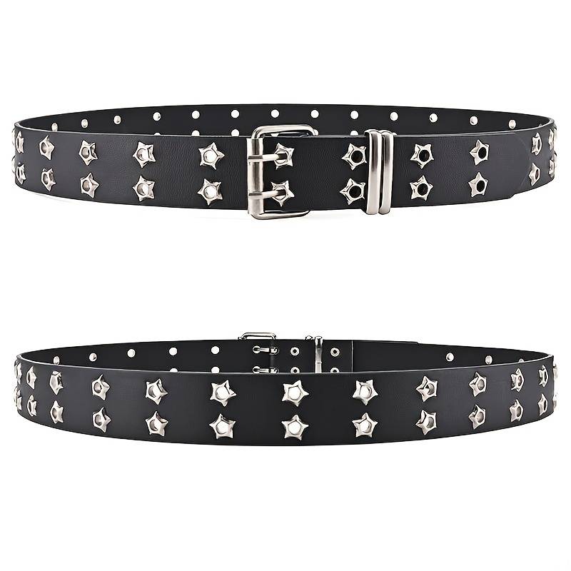 Schwarzer Ledergürtel mit silbernen Sternnieten, modisches Accessoire, Unisex.