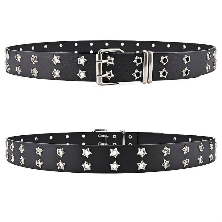 Schwarzer Ledergürtel mit silbernen Sternnieten, modisches Accessoire, Unisex.