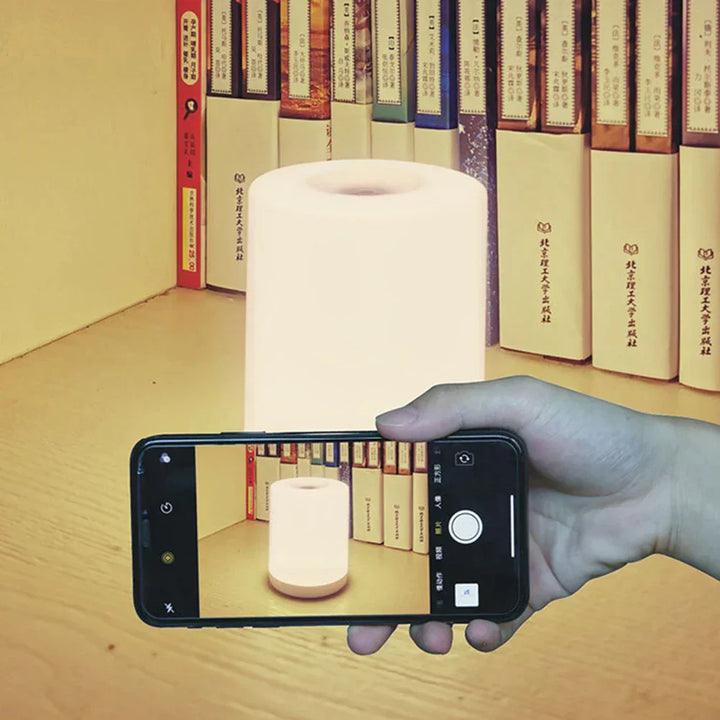 LED-Tischlampe mit Touch-Steuerung, stufenlos dimmbar, USB-aufladbar, vor Bücherregal.