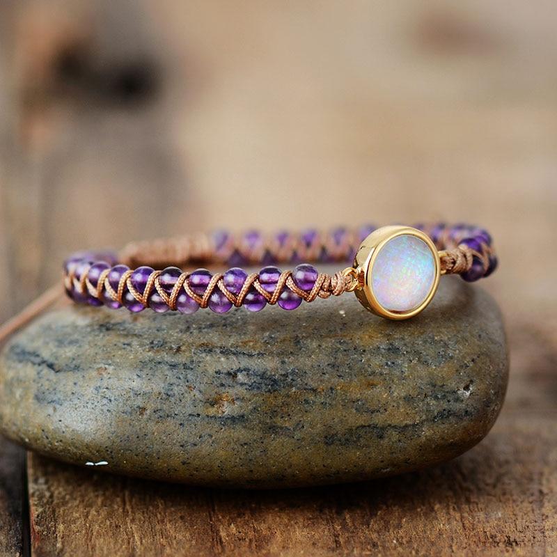 Boho-Armband mit Amethysten und Opal, geflochten, lila, Yoga-Schmuck, Damen-Freundschaftsarmband.