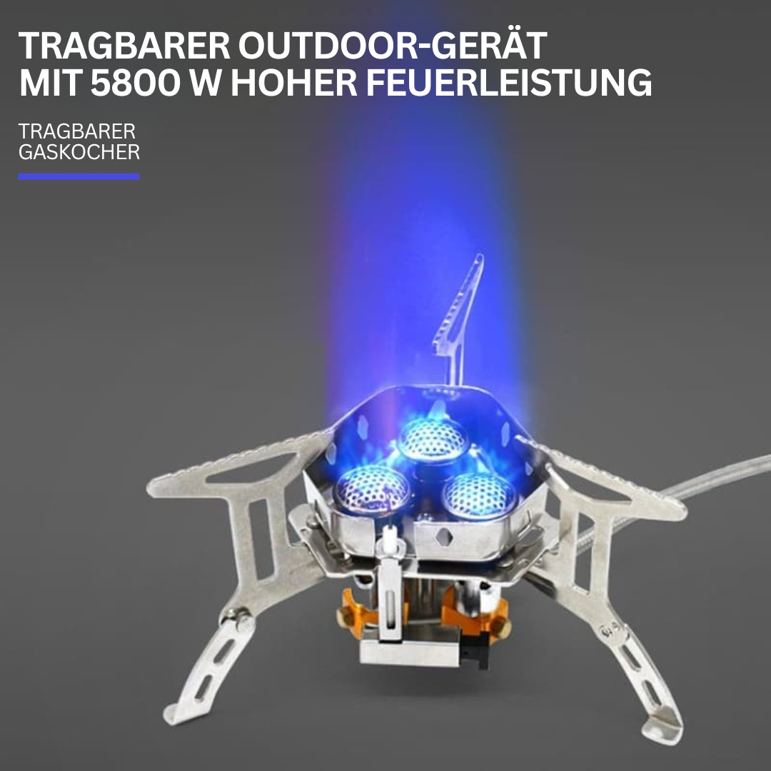 Tragbarer Gaskocher mit hoher Feuerleistung, 5800 W, ideal für Outdoor-Aktivitäten.