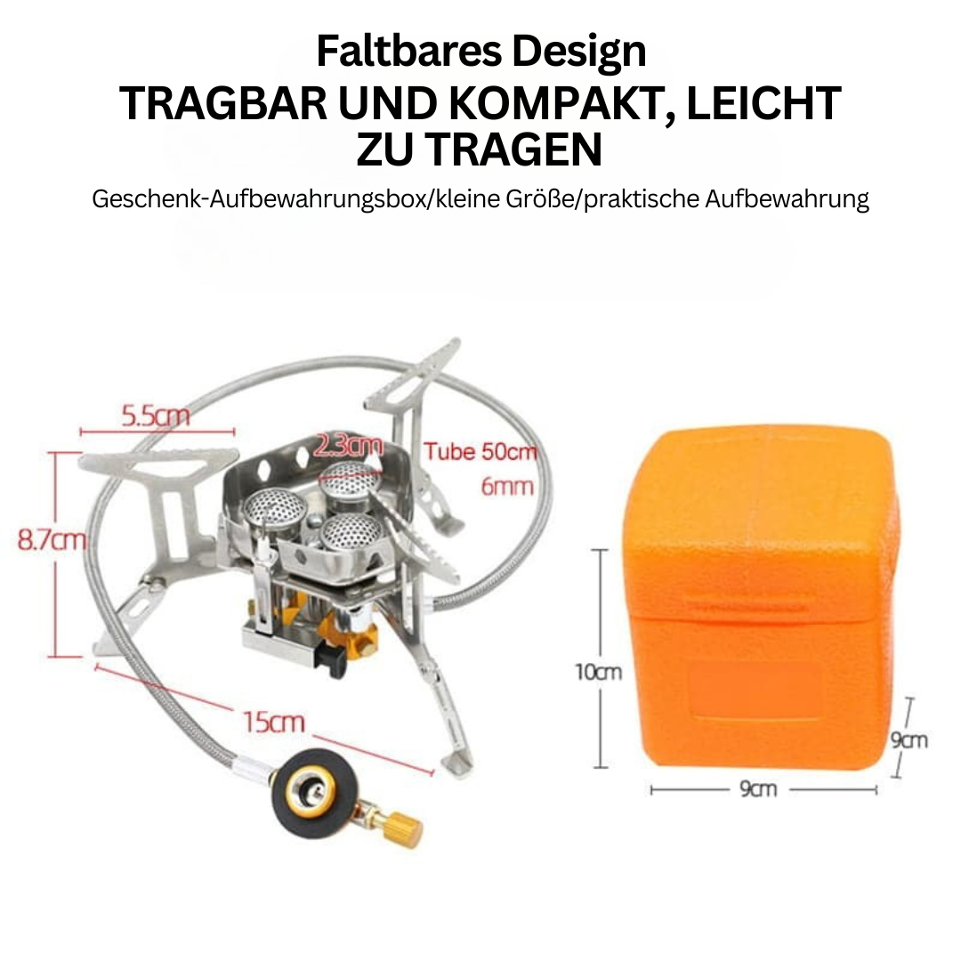 Tragbarer Campingkocher aus Edelstahl mit orangefarbener Aufbewahrungsbox, kompakt und leicht.