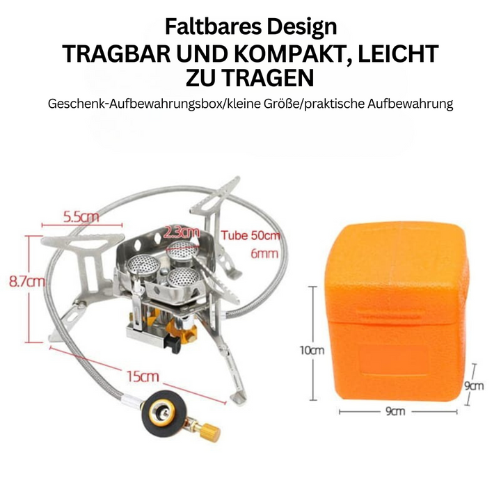 Tragbarer Campingkocher aus Edelstahl mit orangefarbener Aufbewahrungsbox, kompakt und leicht.