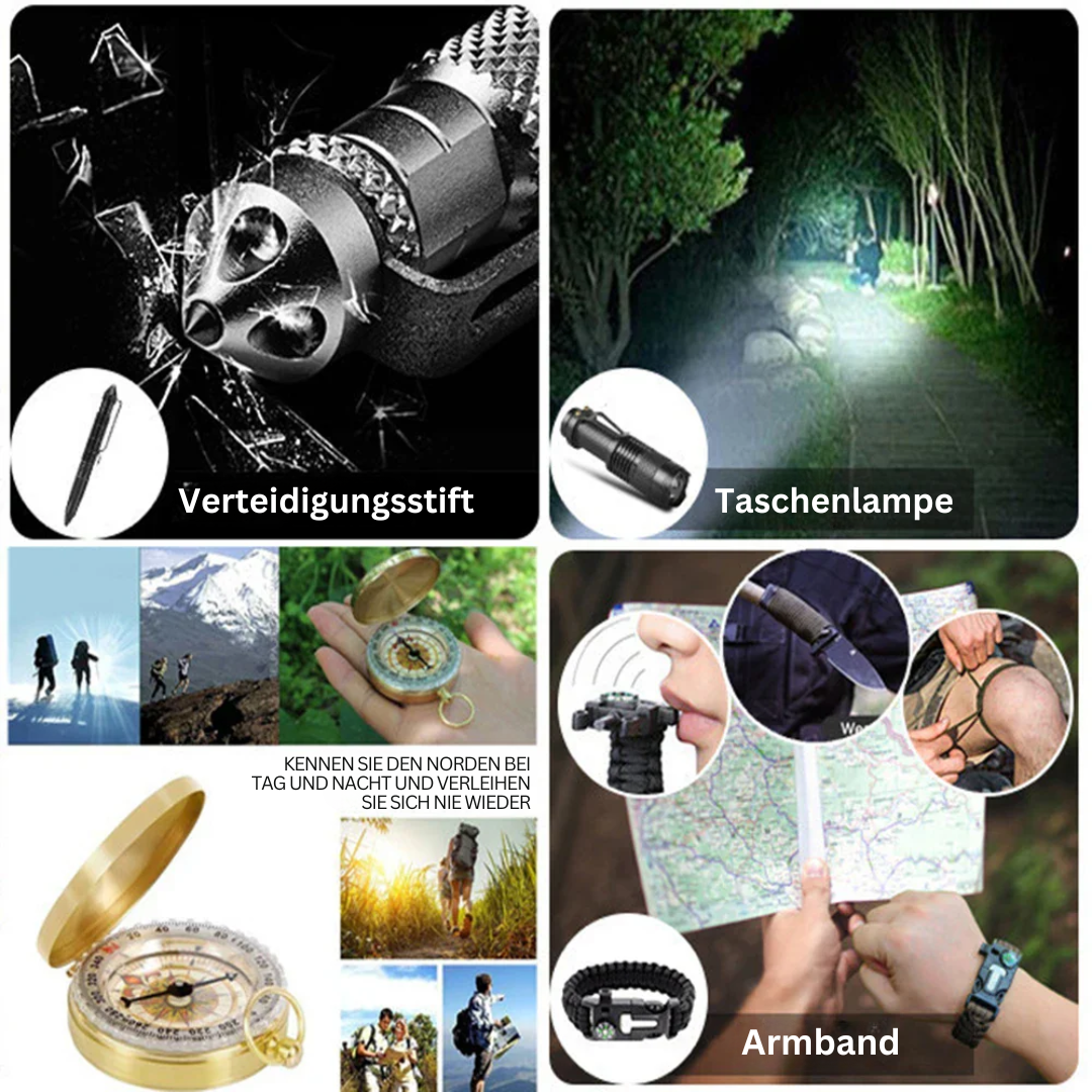 Multifunktionales Survival-Set: Verteidigungsstift, Taschenlampe, Kompass, Armband für Outdoor-Abenteuer.