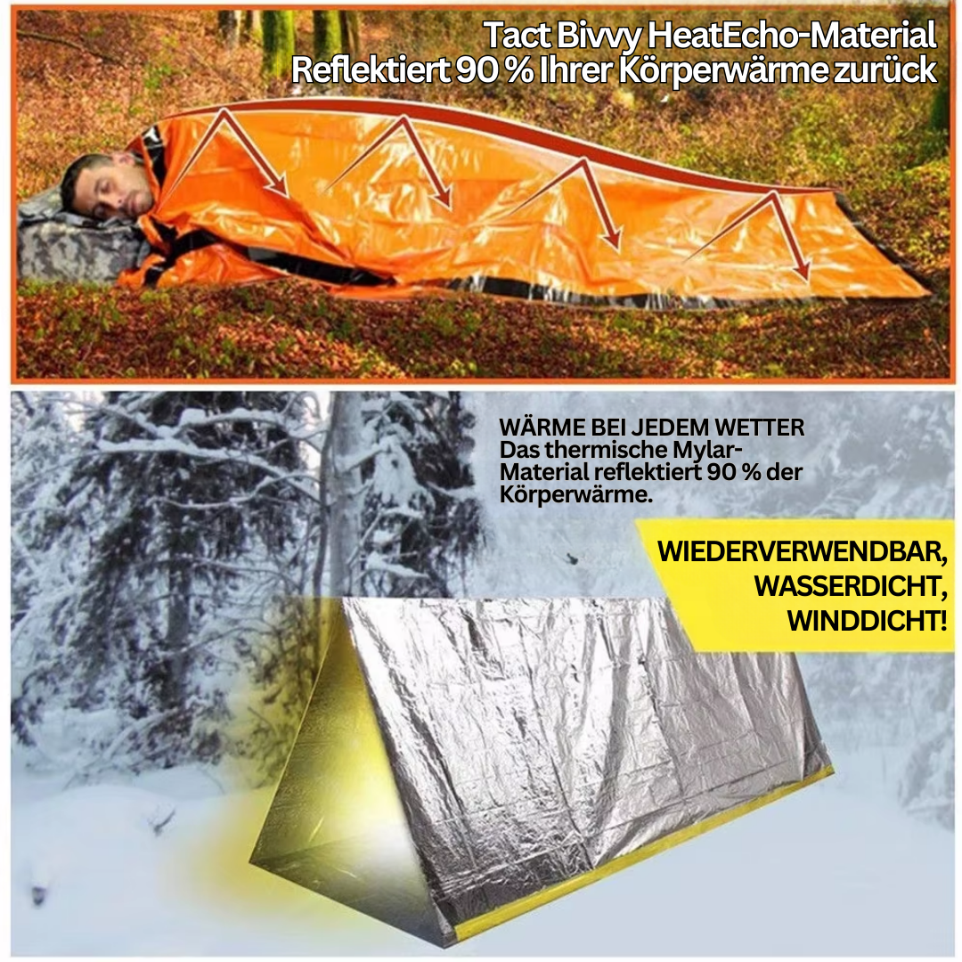 Tact Bivvy Notfall-Schlafsack, orange, Mylar-Material, reflektiert 90% Körperwärme, wasserdicht.