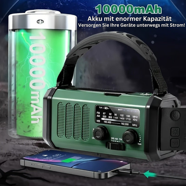 Tragbares Notfallradio mit 10000mAh Akku, grün, USB-Ladefunktion, ideal für Outdoor-Aktivitäten.