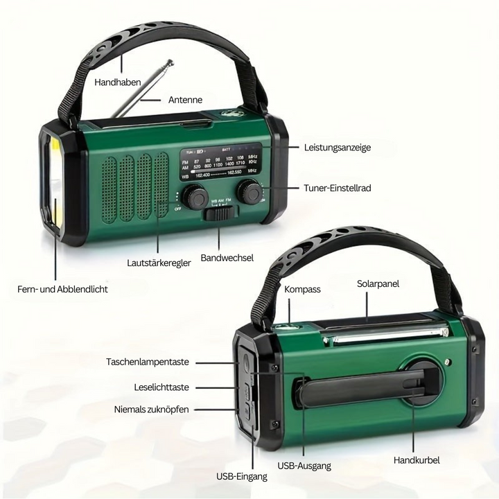 Tragbares Notfallradio mit Solarpanel, Handkurbel, USB-Ausgang, grün, ideal für Outdoor-Abenteuer.
