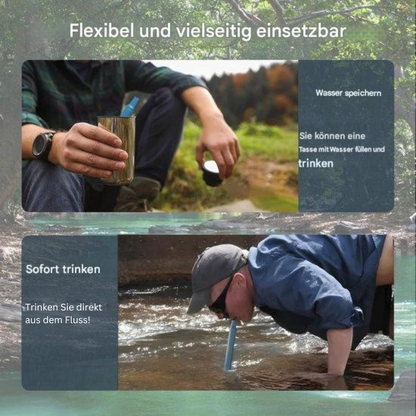 Mann trinkt aus Fluss mit blauem Wasserfilter-Strohhalm, flexibel und vielseitig einsetzbar.