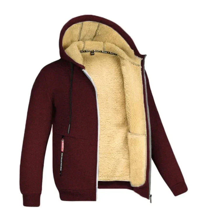 Herren-Sweatshirt mit Reißverschluss, burgunderrot, Sherpa-Futter, Wintermode, Kapuzenpullover.