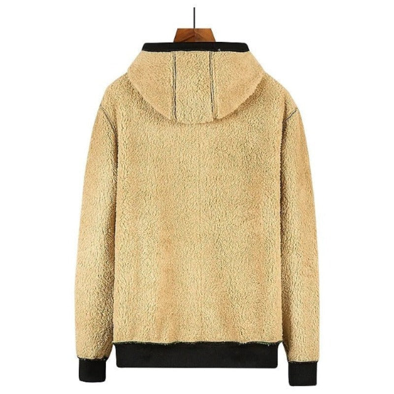 Herren-Sherpa-Sweatjacke mit Kapuze, beige, Reißverschluss, Wintermode, warm, casual.