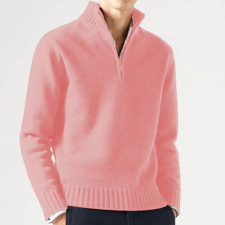Rosa Herrenpullover mit halbem Reißverschluss, Stehkragen, warm, Herbst Winter Mode.