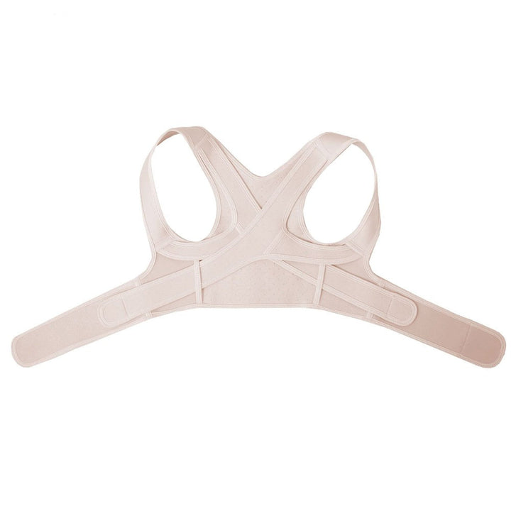Beige Haltungskorrektur-Rückenstütze, verstellbar, für Schmerzlinderung und Haltungstraining.