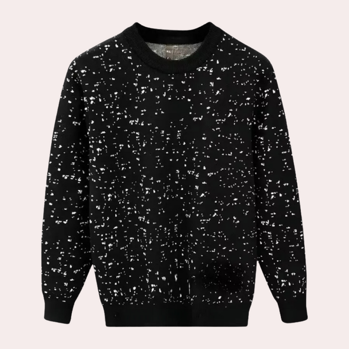 Schwarzer Pullover mit weißem Sprenkelmuster, Rundhalsausschnitt, Baumwolle, Herrenmode.