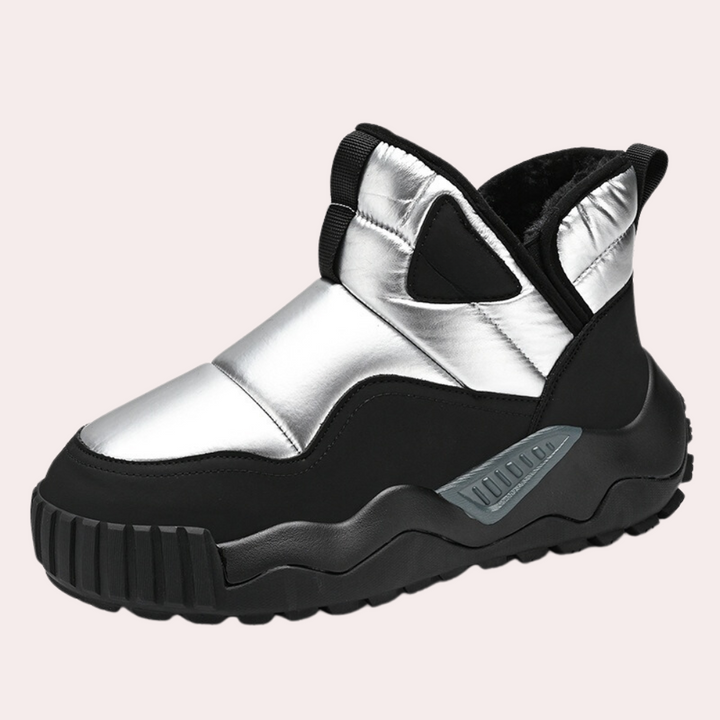 Silberner Winterstiefel, wasserdicht, mit schwarzer Sohle, für Damen, modisch und warm.
