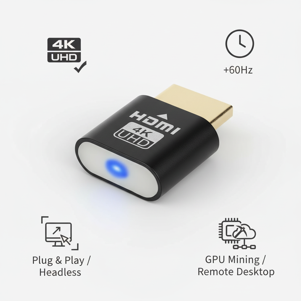 Černý HDMI adaptér s modrou LED diodou obklopený ikonami zobrazující podporu 4K rozlišení, 60 Hz a režimu bez monitoru. 2