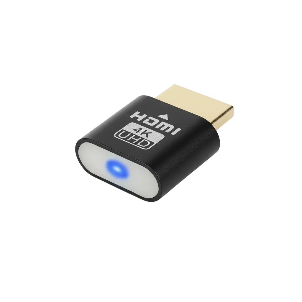 Černý HDMI adaptér se zlatým konektorem a svítící modrou LED diodou na bílém pozadí, pohled z boku. 1