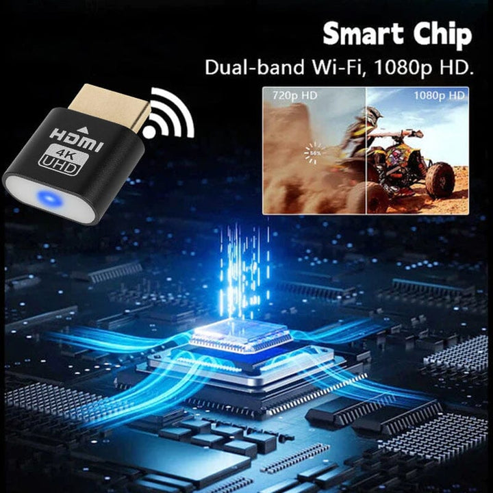 Černý HDMI adaptér s ikonou Wi-Fi nad nasvíceným čipem a srovnáním obrazu v kvalitě 720p a 1080p. 4