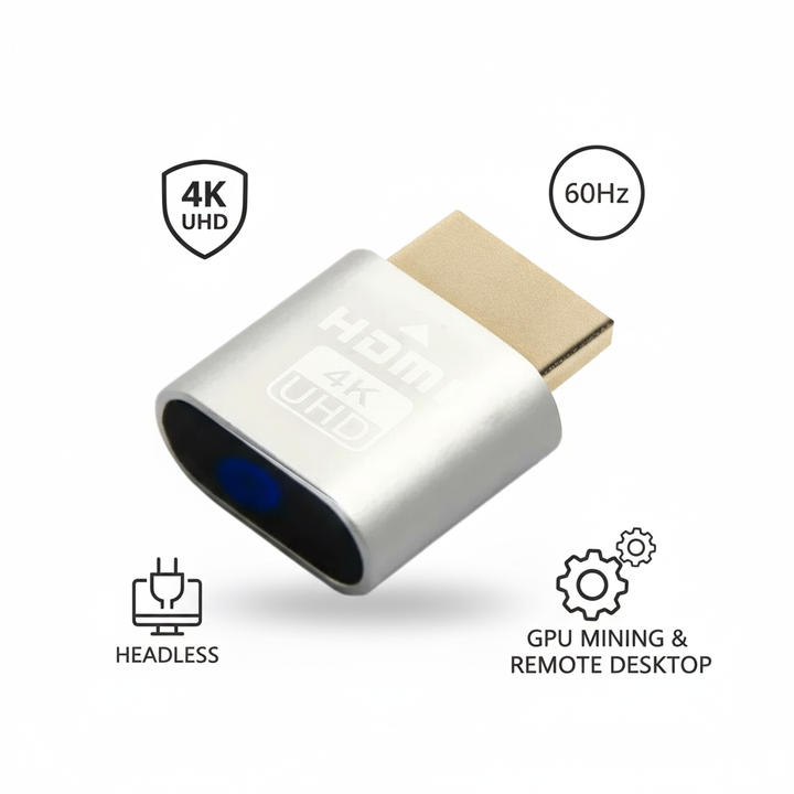 Stříbrný HDMI adaptér se zlatým konektorem a ikonami podporující 4K, 60 Hz, provoz bez monitoru a vzdálenou plochu. 11