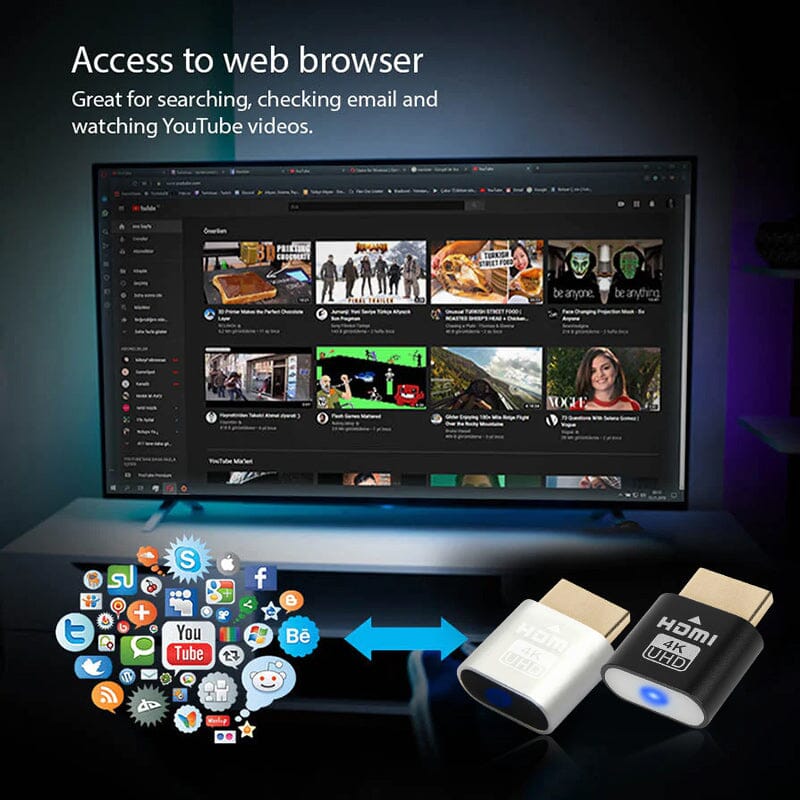 Černý a stříbrný HDMI adaptér před televizí s YouTube a ikonami sociálních sítí vyjadřujícími přístup k internetu. 6