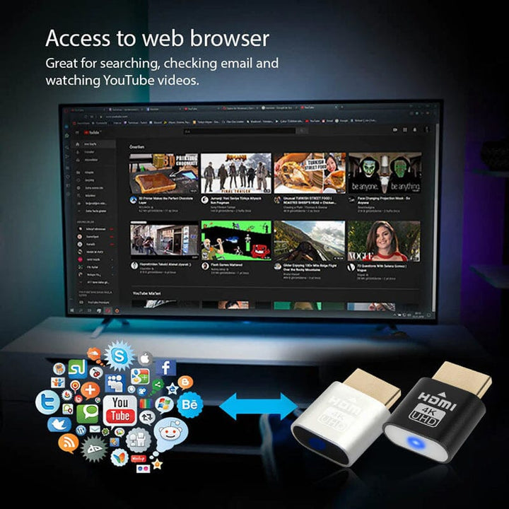 Černý a stříbrný HDMI adaptér před televizí s YouTube a ikonami sociálních sítí vyjadřujícími přístup k internetu. 6