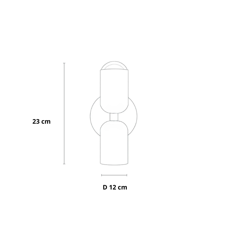 Technický obrys svítidla s kótami udávajícími výšku 23 cm a průměr základny 12 cm. 23