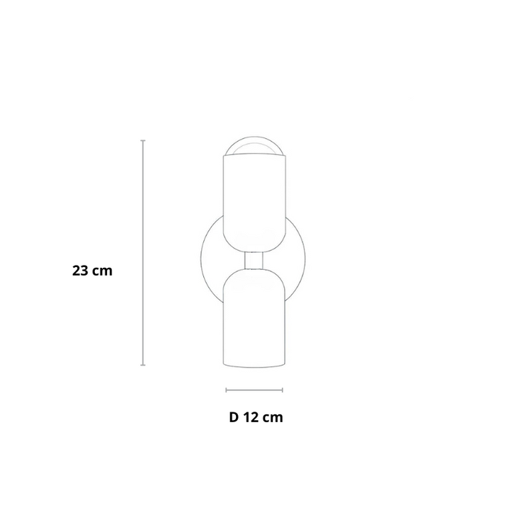 Technický obrys svítidla s kótami udávajícími výšku 23 cm a průměr základny 12 cm. 23