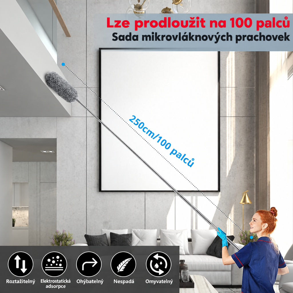 Teleskopická prachovka z mikrovlákna | Extra dlouhý dosah | Ohebná hlava | Pratelná