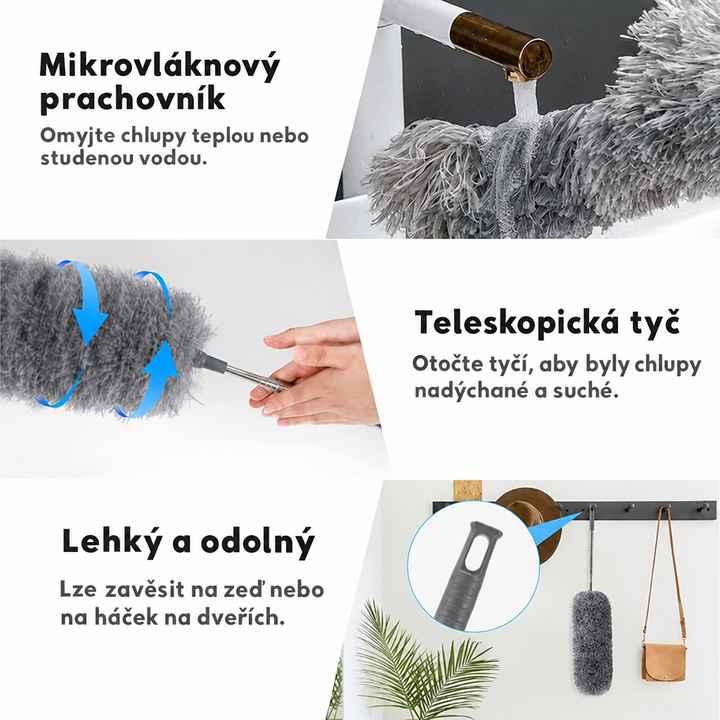 Teleskopická prachovka z mikrovlákna | Extra dlouhý dosah | Ohebná hlava | Pratelná