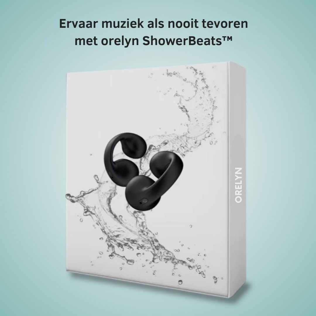 Schwarze orelyn ShowerBeats™ kabellose Kopfhörer in Spritzwasser-Design auf Verpackung.